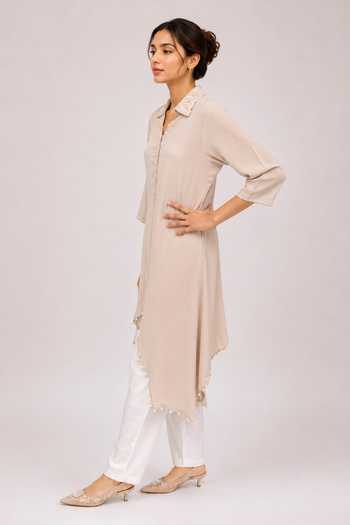 Buy_Label Ivish_Beige Crepe, Modal Collared Neck Embellished Longline Shirt And Pant Set _Online_at_Aza_Fashions