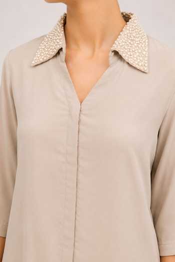Shop_Label Ivish_Beige Crepe, Modal Collared Neck Embellished Longline Shirt And Pant Set _Online_at_Aza_Fashions