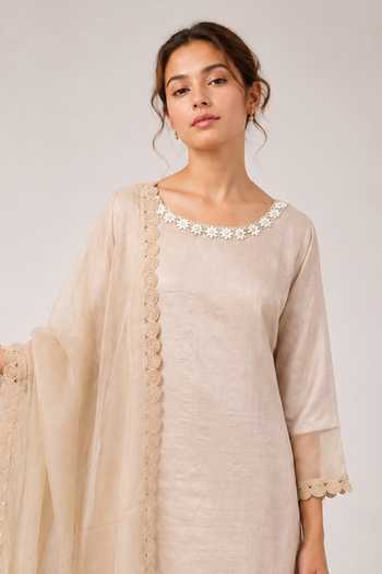 Label Ivish Beige Silk, Organza, Tussar Round Neck, Yes Embroidered Kurta Set Online at Aza Fashions Label Ivish_Beige Silk, Organza, Tussar Round Neck, Yes Embroidered Kurta Set _Online_at_Aza_Fashions