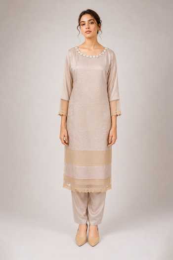 Buy Label Ivish Beige Silk, Organza, Tussar Round Neck, Yes Embroidered Kurta Set Online at Aza Fashions Buy_Label Ivish_Beige Silk, Organza, Tussar Round Neck, Yes Embroidered Kurta Set _Online_at_Aza_Fashions