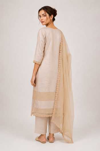Shop Label Ivish Beige Silk, Organza, Tussar Round Neck, Yes Embroidered Kurta Set Online at Aza Fashions Shop_Label Ivish_Beige Silk, Organza, Tussar Round Neck, Yes Embroidered Kurta Set _Online_at_Aza_Fashions