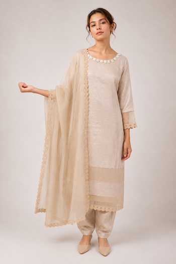 Label Ivish Beige Silk, Organza, Tussar Round Neck, Yes Embroidered Kurta Set at Aza Fashions Label Ivish_Beige Silk, Organza, Tussar Round Neck, Yes Embroidered Kurta Set _at_Aza_Fashions