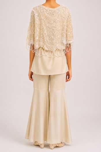 Label Ivish Beige Viscose Round Neck Embroidered Cape And Kurta Set Online at Aza Fashions Label Ivish_Beige Viscose Round Neck Embroidered Cape And Kurta Set _Online_at_Aza_Fashions