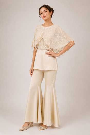 Shop Label Ivish Beige Viscose Round Neck Embroidered Cape And Kurta Set Online at Aza Fashions Shop_Label Ivish_Beige Viscose Round Neck Embroidered Cape And Kurta Set _Online_at_Aza_Fashions