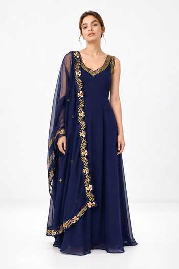Label Ivish Blue Net, Chiffon V-neck Embroidered Anarkali Set Online at Aza Fashions Label Ivish_Blue Net, Chiffon V-neck Embroidered Anarkali Set _Online_at_Aza_Fashions