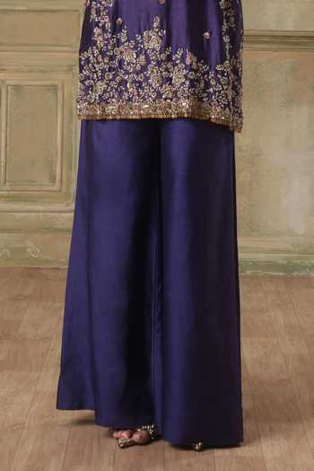 Label Niti Bothra_Purple Silk, Chanderi, Tencel Keyhole Neck Zar-rang Short Jaal Kurta Set _Online_at_Aza_Fashions