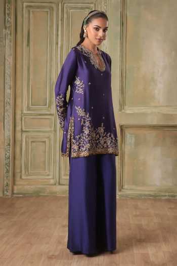 Buy_Label Niti Bothra_Purple Silk, Chanderi, Tencel Keyhole Neck Zar-rang Short Jaal Kurta Set _Online_at_Aza_Fashions