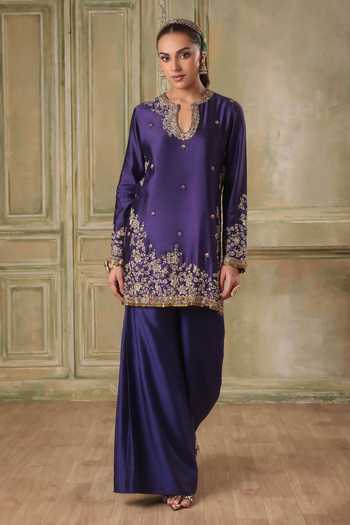 Shop_Label Niti Bothra_Purple Silk, Chanderi, Tencel Keyhole Neck Zar-rang Short Jaal Kurta Set _Online_at_Aza_Fashions