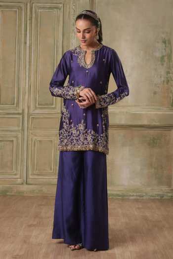 Label Niti Bothra_Purple Silk, Chanderi, Tencel Keyhole Neck Zar-rang Short Jaal Kurta Set _at_Aza_Fashions
