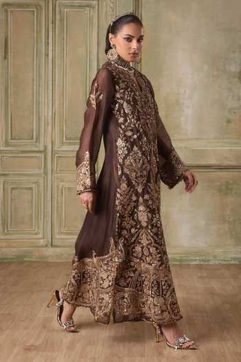 Shop Label Niti Bothra Brown Organza Split V-neck Zar-rang Jaal Kaftan Set Online at Aza Fashions Shop_Label Niti Bothra_Brown Organza Split V-neck Zar-rang Jaal Kaftan Set _Online_at_Aza_Fashions