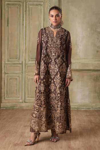 Label Niti Bothra Zar-Rang Brown Jaal Kaftan Set 
