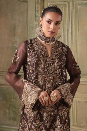 Buy Label Niti Bothra Brown Organza Split V-neck Zar-rang Jaal Kaftan Set Buy_Label Niti Bothra_Brown Organza Split V-neck Zar-rang Jaal Kaftan Set
