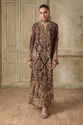 Shop Label Niti Bothra Brown Organza Split V-neck Zar-rang Jaal Kaftan Set Shop_Label Niti Bothra_Brown Organza Split V-neck Zar-rang Jaal Kaftan Set