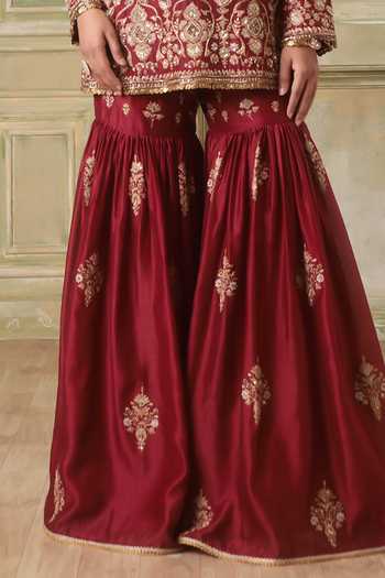 Label Niti Bothra_Maroon Silk, Chanderi, Organza Scoop Neck Zar-rang Kurta Sharara Set _Online_at_Aza_Fashions