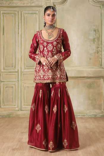 Shop_Label Niti Bothra_Maroon Silk, Chanderi, Organza Scoop Neck Zar-rang Kurta Sharara Set _Online_at_Aza_Fashions