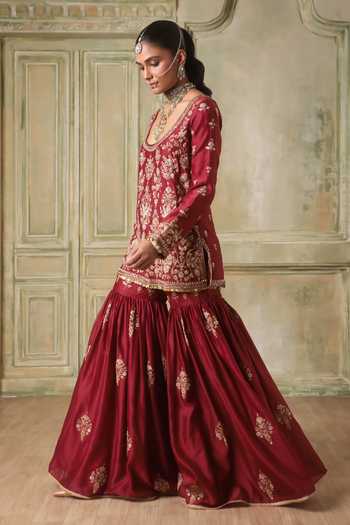 Label Niti Bothra_Maroon Silk, Chanderi, Organza Scoop Neck Zar-rang Kurta Sharara Set _at_Aza_Fashions