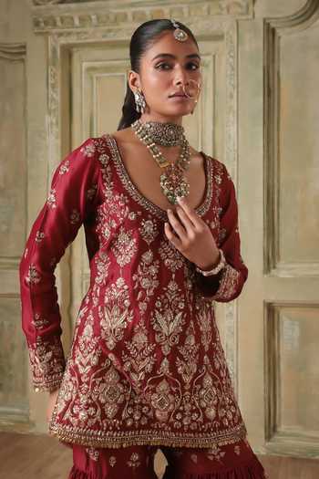 Shop_Label Niti Bothra_Maroon Silk, Chanderi, Organza Scoop Neck Zar-rang Kurta Sharara Set 