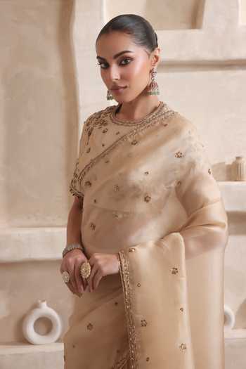 Label Niti Bothra Beige Silk, Organza Round Neck Zar-rang Ivory Buti Saree Set Online at Aza Fashions Label Niti Bothra_Beige Silk, Organza Round Neck Zar-rang Ivory Buti Saree Set _Online_at_Aza_Fashions