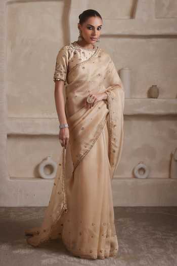 Buy Label Niti Bothra Beige Silk, Organza Round Neck Zar-rang Ivory Buti Saree Set Online at Aza Fashions Buy_Label Niti Bothra_Beige Silk, Organza Round Neck Zar-rang Ivory Buti Saree Set _Online_at_Aza_Fashions