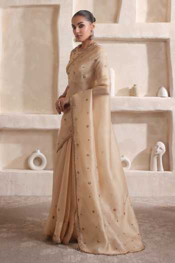 Shop Label Niti Bothra Beige Silk, Organza Round Neck Zar-rang Ivory Buti Saree Set Online at Aza Fashions Shop_Label Niti Bothra_Beige Silk, Organza Round Neck Zar-rang Ivory Buti Saree Set _Online_at_Aza_Fashions