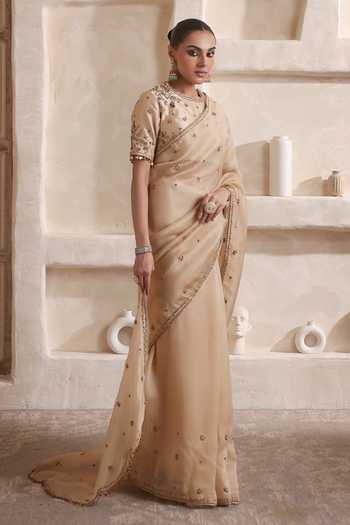 Label Niti Bothra Beige Silk, Organza Round Neck Zar-rang Ivory Buti Saree Set at Aza Fashions Label Niti Bothra_Beige Silk, Organza Round Neck Zar-rang Ivory Buti Saree Set _at_Aza_Fashions