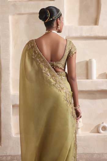 Label Niti Bothra Green Silk, Organza Sweetheart Neck Zar-rang Zardosi Border Saree Set Online at Aza Fashions Label Niti Bothra_Green Silk, Organza Sweetheart Neck Zar-rang Zardosi Border Saree Set _Online_at_Aza_Fashions