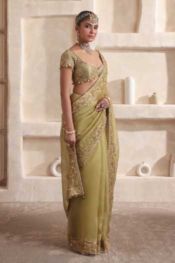 Shop Label Niti Bothra Green Silk, Organza Sweetheart Neck Zar-rang Zardosi Border Saree Set Online at Aza Fashions Shop_Label Niti Bothra_Green Silk, Organza Sweetheart Neck Zar-rang Zardosi Border Saree Set _Online_at_Aza_Fashions