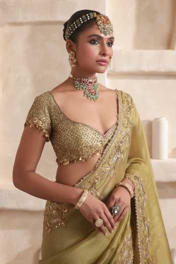 Label Niti Bothra Green Silk, Organza Sweetheart Neck Zar-rang Zardosi Border Saree Set at Aza Fashions Label Niti Bothra_Green Silk, Organza Sweetheart Neck Zar-rang Zardosi Border Saree Set _at_Aza_Fashions