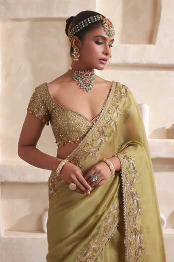 Buy Label Niti Bothra Green Silk, Organza Sweetheart Neck Zar-rang Zardosi Border Saree Set Buy_Label Niti Bothra_Green Silk, Organza Sweetheart Neck Zar-rang Zardosi Border Saree Set