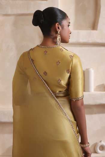 Label Niti Bothra_Yellow Silk, Organza High Neck Zar-rang Olive Green Resham Saree Set _Online_at_Aza_Fashions