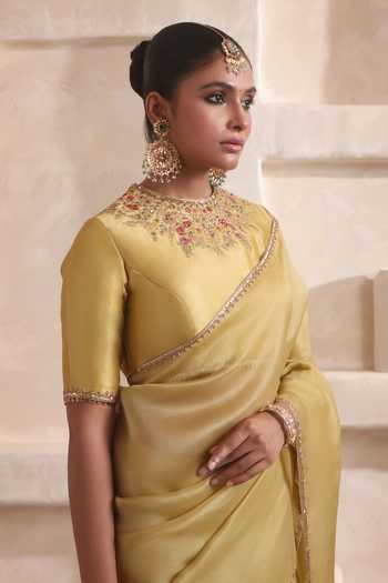 Buy_Label Niti Bothra_Yellow Silk, Organza High Neck Zar-rang Olive Green Resham Saree Set _Online_at_Aza_Fashions