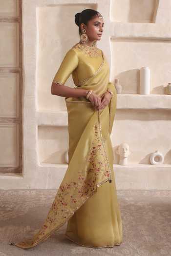 Shop_Label Niti Bothra_Yellow Silk, Organza High Neck Zar-rang Olive Green Resham Saree Set _Online_at_Aza_Fashions