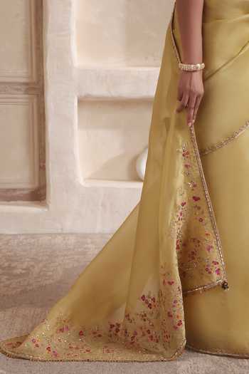 Label Niti Bothra_Yellow Silk, Organza High Neck Zar-rang Olive Green Resham Saree Set _at_Aza_Fashions