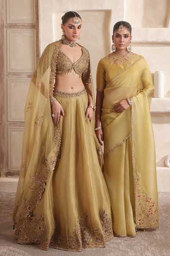 Buy_Label Niti Bothra_Yellow Silk, Organza High Neck Zar-rang Olive Green Resham Saree Set 