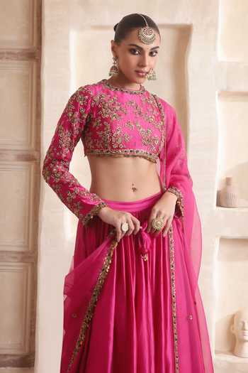 Buy Label Niti Bothra Fuchsia Silk, Organza Round Neck Zar-rang Pink Lehenga Set Online at Aza Fashions Buy_Label Niti Bothra_Fuchsia Silk, Organza Round Neck Zar-rang Pink Lehenga Set _Online_at_Aza_Fashions