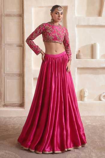 Shop Label Niti Bothra Fuchsia Silk, Organza Round Neck Zar-rang Pink Lehenga Set Online at Aza Fashions Shop_Label Niti Bothra_Fuchsia Silk, Organza Round Neck Zar-rang Pink Lehenga Set _Online_at_Aza_Fashions