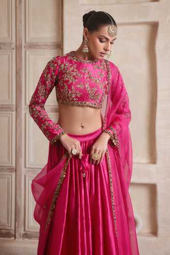 Label Niti Bothra Fuchsia Silk, Organza Round Neck Zar-rang Pink Lehenga Set at Aza Fashions Label Niti Bothra_Fuchsia Silk, Organza Round Neck Zar-rang Pink Lehenga Set _at_Aza_Fashions