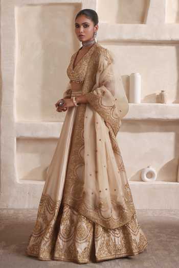 Shop Label Niti Bothra Beige Silk, Organza Embroidery, Zari, Tassels Zar-rang Ivory Scallop Lehenga Set Online at Aza Fashions Shop_Label Niti Bothra_Beige Silk, Organza Embroidery, Zari, Tassels Zar-rang Ivory Scallop Lehenga Set _Online_at_Aza_Fashions