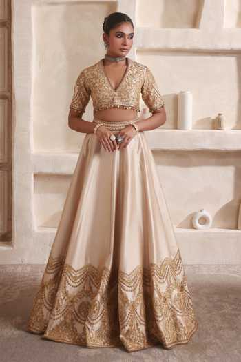 Label Niti Bothra Beige Silk, Organza Embroidery, Zari, Tassels Zar-rang Ivory Scallop Lehenga Set at Aza Fashions Label Niti Bothra_Beige Silk, Organza Embroidery, Zari, Tassels Zar-rang Ivory Scallop Lehenga Set _at_Aza_Fashions