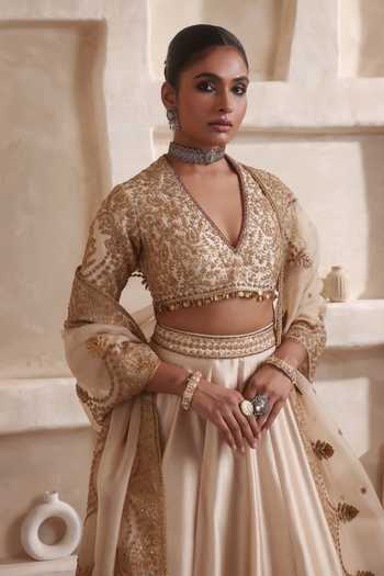 Shop Label Niti Bothra Beige Silk, Organza Embroidery, Zari, Tassels Zar-rang Ivory Scallop Lehenga Set Shop_Label Niti Bothra_Beige Silk, Organza Embroidery, Zari, Tassels Zar-rang Ivory Scallop Lehenga Set