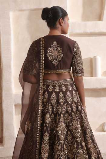 Label Niti Bothra Brown Silk, Organza Embroidery, Zari, Stones, Tassels Zar-rang Jaal Lehenga Set Online at Aza Fashions Label Niti Bothra_Brown Silk, Organza Embroidery, Zari, Stones, Tassels Zar-rang Jaal Lehenga Set _Online_at_Aza_Fashions