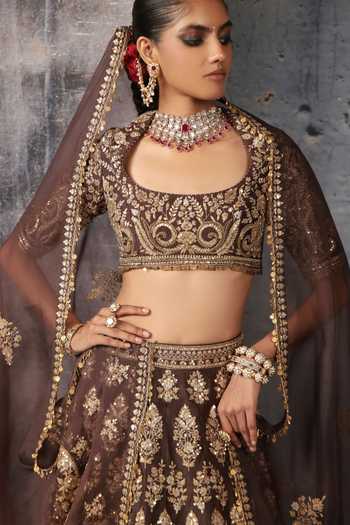 Buy Label Niti Bothra Brown Silk, Organza Embroidery, Zari, Stones, Tassels Zar-rang Jaal Lehenga Set Online at Aza Fashions Buy_Label Niti Bothra_Brown Silk, Organza Embroidery, Zari, Stones, Tassels Zar-rang Jaal Lehenga Set _Online_at_Aza_Fashions