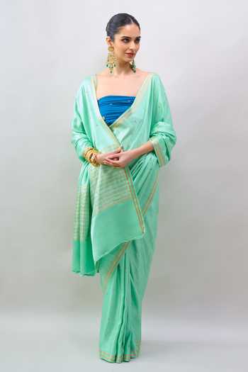 Buy_Mint N Oranges_Green Silk, Satin Border Woven Saree With Unstitched Blouse Piece _Online_at_Aza_Fashions