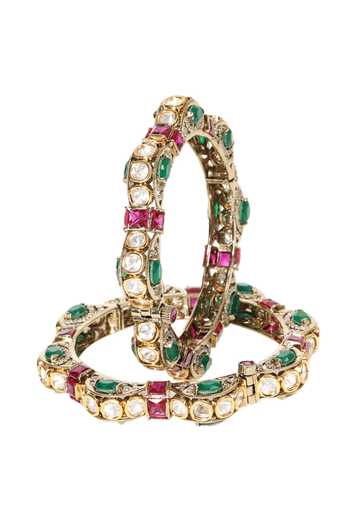 Buy_Preeti Mohan_Green Radhika Red And Polki Pair Of Bangles _Online_at_Aza_Fashions