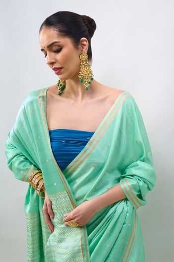 Shop_Mint N Oranges_Green Silk, Satin Border Woven Saree With Unstitched Blouse Piece _Online_at_Aza_Fashions