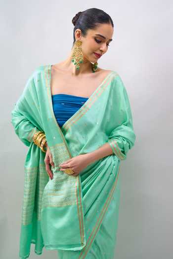 Mint N Oranges_Green Silk, Satin Border Woven Saree With Unstitched Blouse Piece _at_Aza_Fashions