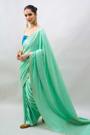 Buy_Mint N Oranges_Green Silk, Satin Border Woven Saree With Unstitched Blouse Piece 