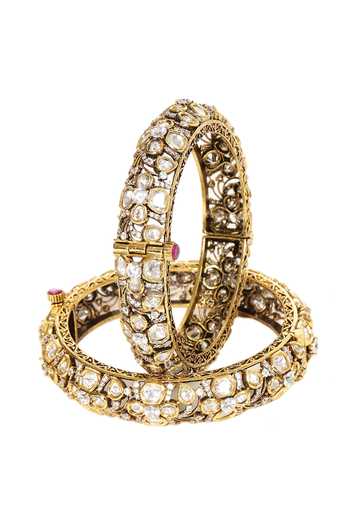 Shop_Preeti Mohan_Gold Plated Menka Antique Finish Polki Pair Of Bangles _Online_at_Aza_Fashions