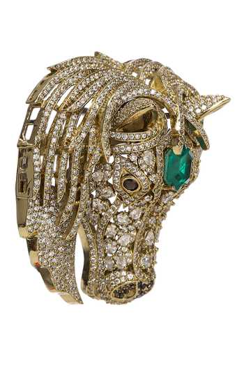 Shop Preeti Mohan Emerald Green Ashva Horse Brooch Online at Aza Fashions Shop_Preeti Mohan_Emerald Green Ashva Horse Brooch _Online_at_Aza_Fashions