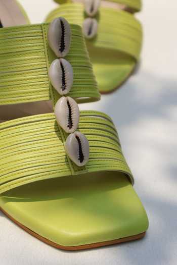 Buy Shradha Hedau Footwear Couture Lime Inara Shell Block Heels Online at Aza Fashions Buy_Shradha Hedau Footwear Couture_Lime Inara Shell Block Heels _Online_at_Aza_Fashions